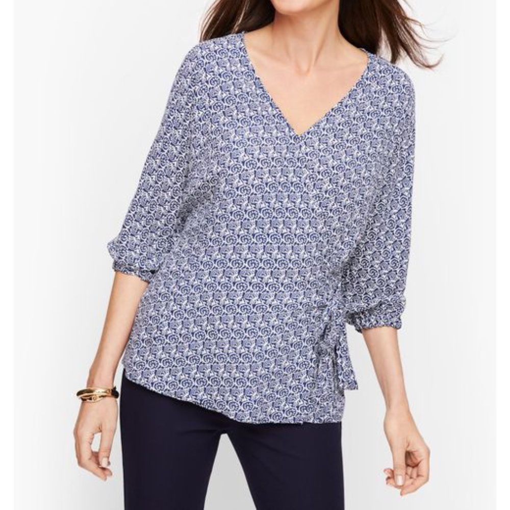 Talbots Side Tie Faux Wrap Top Blue/White Size M NWT